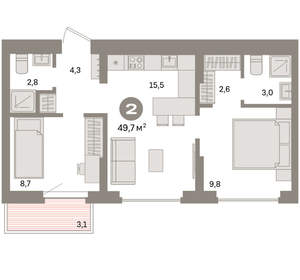 2-к квартира, вторичка, 50м2, 9/16 этаж