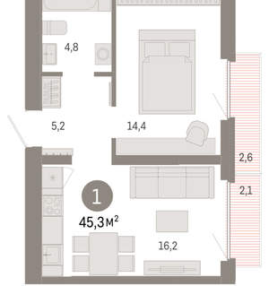 1-к квартира, вторичка, 45м2, 6/9 этаж