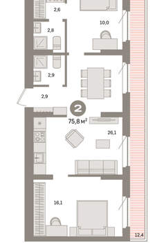 2-к квартира, вторичка, 76м2, 8/9 этаж