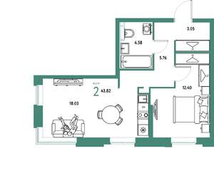 2-к квартира, вторичка, 44м2, 14/20 этаж