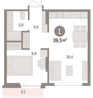 1-к квартира, вторичка, 39м2, 6/9 этаж
