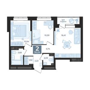 2-к квартира, вторичка, 56м2, 20/23 этаж