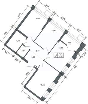 3-к квартира, вторичка, 74м2, 24/27 этаж