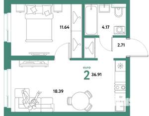2-к квартира, вторичка, 37м2, 7/21 этаж