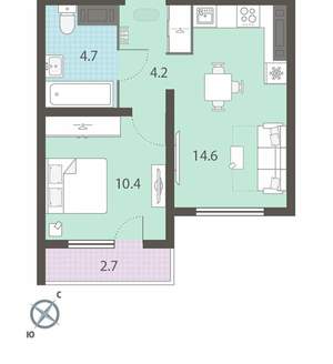 1-к квартира, строящийся дом, 35м2, 21/25 этаж