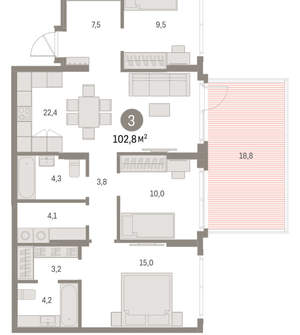 3-к квартира, вторичка, 103м2, 1/9 этаж