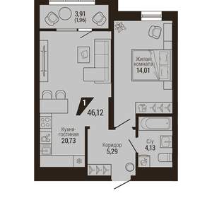 1-к квартира, вторичка, 46м2, 5/23 этаж
