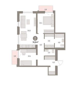 2-к квартира, вторичка, 75м2, 8/16 этаж