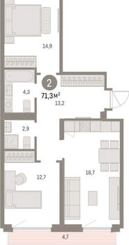 2-к квартира, вторичка, 71м2, 7/9 этаж