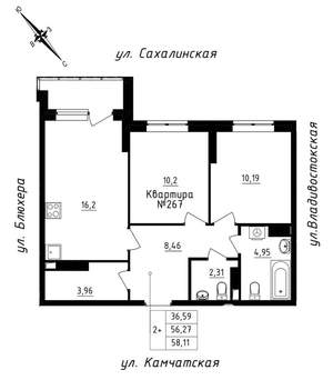 2-к квартира, строящийся дом, 58м2, 24/25 этаж