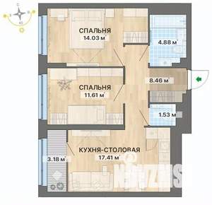 2-к квартира, строящийся дом, 61м2, 22/29 этаж