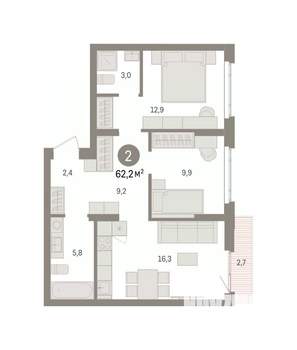 2-к квартира, вторичка, 62м2, 4/7 этаж