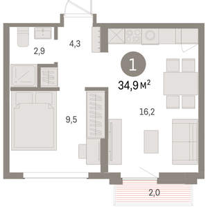 1-к квартира, вторичка, 35м2, 3/9 этаж