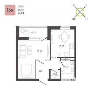 1-к квартира, строящийся дом, 41м2, 19/23 этаж