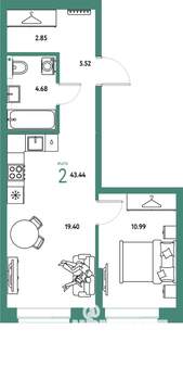 2-к квартира, строящийся дом, 43м2, 2/25 этаж