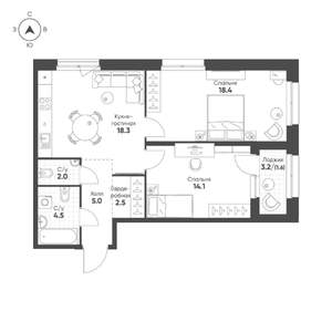 2-к квартира, вторичка, 66м2, 2/9 этаж