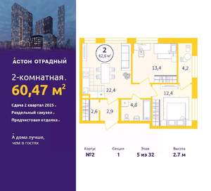 2-к квартира, вторичка, 60м2, 5/32 этаж