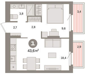 1-к квартира, вторичка, 44м2, 5/9 этаж