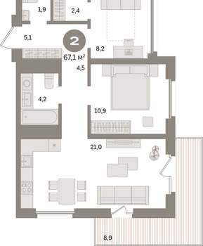 2-к квартира, вторичка, 67м2, 8/24 этаж