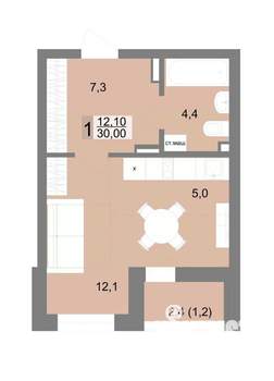 1-к квартира, строящийся дом, 30м2, 3/25 этаж