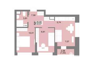 3-к квартира, вторичка, 45м2, 19/27 этаж