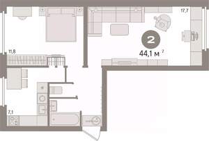 2-к квартира, вторичка, 44м2, 1/5 этаж