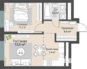 2-к квартира, строящийся дом, 44м2, 9/29 этаж