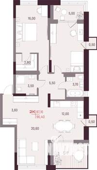 2-к квартира, вторичка, 87м2, 16/25 этаж