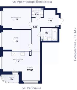 2-к квартира, вторичка, 57м2, 23/26 этаж
