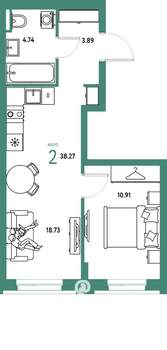 2-к квартира, строящийся дом, 38м2, 9/20 этаж