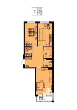 2-к квартира, вторичка, 69м2, 9/12 этаж