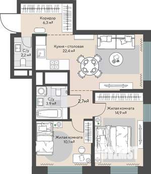 2-к квартира, строящийся дом, 63м2, 6/30 этаж