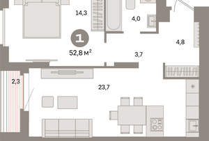 1-к квартира, вторичка, 53м2, 4/16 этаж