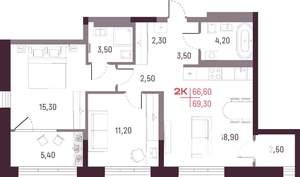 2-к квартира, вторичка, 67м2, 22/25 этаж