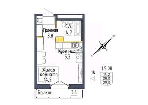 1-к квартира, строящийся дом, 29м2, 5/9 этаж