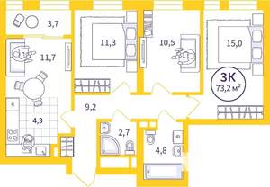 3-к квартира, сданный дом, 71м2, 26/32 этаж