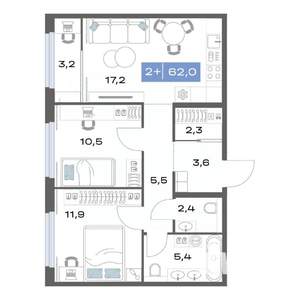 2-к квартира, строящийся дом, 62м2, 17/17 этаж