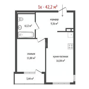 1-к квартира, строящийся дом, 42м2, 8/26 этаж