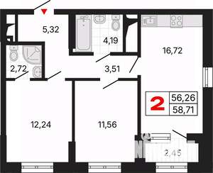 2-к квартира, вторичка, 59м2, 7/25 этаж