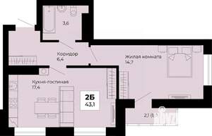 1-к квартира, строящийся дом, 43м2, 24/25 этаж