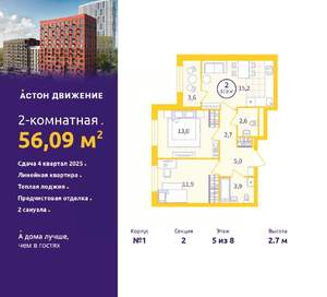 2-к квартира, вторичка, 56м2, 5/8 этаж