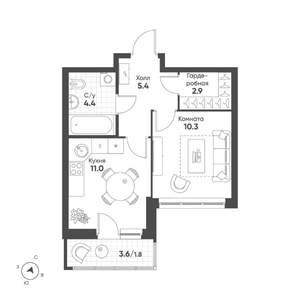 1-к квартира, строящийся дом, 36м2, 8/15 этаж