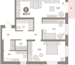 2-к квартира, вторичка, 86м2, 11/24 этаж