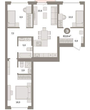 3-к квартира, вторичка, 84м2, 4/9 этаж
