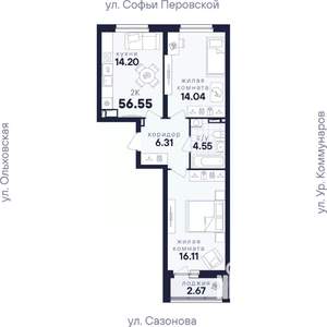 2-к квартира, вторичка, 57м2, 6/17 этаж