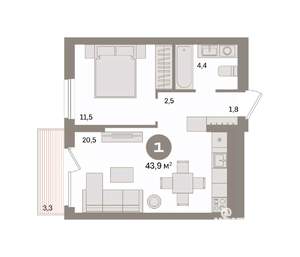1-к квартира, вторичка, 44м2, 2/8 этаж