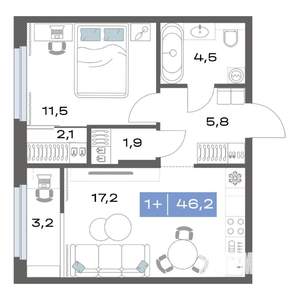 1-к квартира, строящийся дом, 46м2, 8/17 этаж