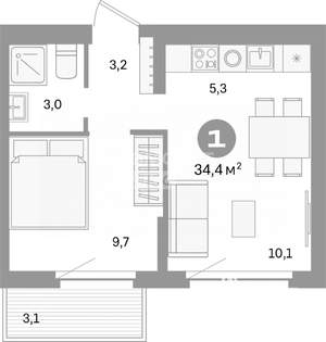 1-к квартира, вторичка, 34м2, 9/9 этаж
