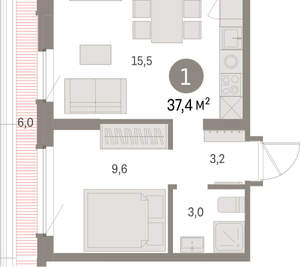 1-к квартира, вторичка, 37м2, 8/9 этаж
