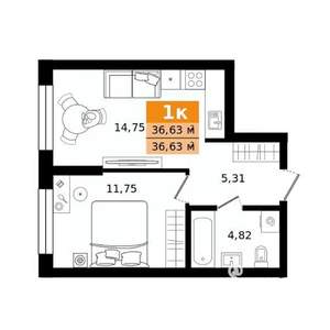 1-к квартира, строящийся дом, 37м2, 2/23 этаж